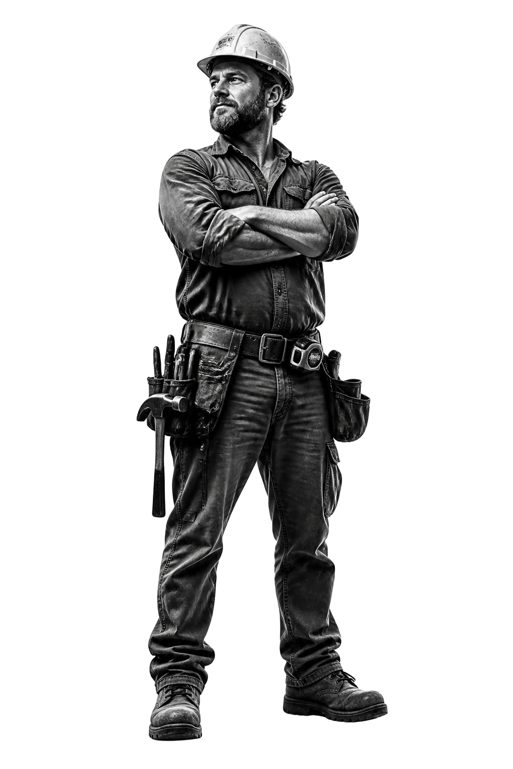 Black and white portrait of a tradesperson in hard hat and tool belt